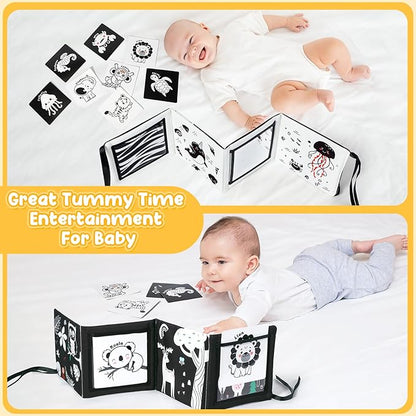 URMYWO Tummy Time Mirror Toys, High Contrast Black and White Baby Toys for Newborn, Baby Boy Girl Gifts, Visual Stimulation Learning Activity Cards, Soft Baby Book, Montessori Infant Toys 0-12 Months