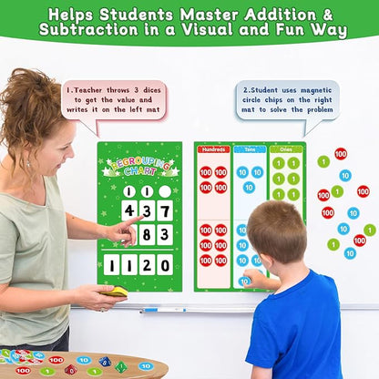 Magnetic Regrouping Math Base Ten Place Value, 2025 New Upgraded Addition & Subtraction Math Manipulatives Dry Erase Whiteboard for Kids 1st 2nd 3rd Grade, Math Games Homeschool Classroom Must Haves