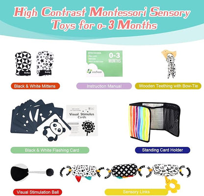 vocheer High Contrast Baby Toys for Newborn, 6 in 1 Black and White Sensory Baby Gift Set for 0-3 Months, 21pcs Montessori Early Educational Learning Kit