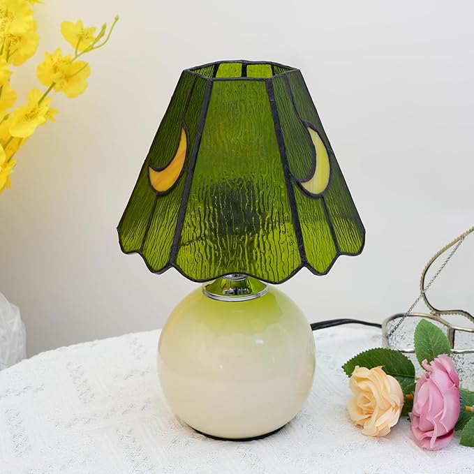 Mushroom Lamp Tiffany Stained Glass Moon lamp Cute Small Bedside Table Lamps for Living Room Home Decor,Girls Women Birthday Christmas Thanksgiving Day Gift,Green