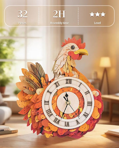 3D Wooden Puzzles for Adults, Hen Wall Clock DIY Set (with Pendulum), Beginner 29 Pcs Wooden Puzzles, Creative Gift Ideas for Adults Teens