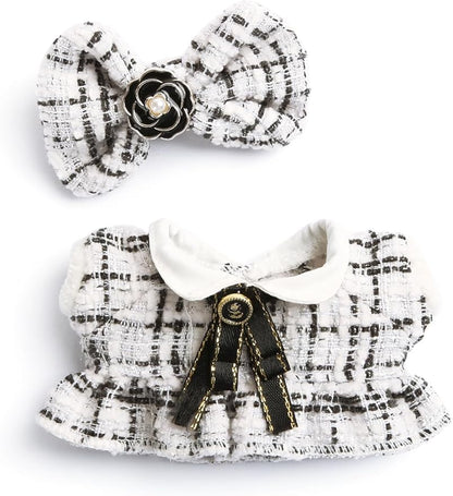 17cm Doll Clothes for Labubu - Luxury Chic Style Set for 17cm Dolls Outfit - Accessories for Dolls Clothes -White Plaid Tweed Dress + Black Necktie + White Bow (No Doll)