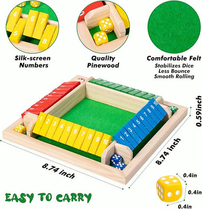 Shut The Box Game, 4-Player Wooden dice Game That's Perfect for Parties and Gatherings. It enhances Math and Decision-Making Skills While Providing Endless Entertainment.