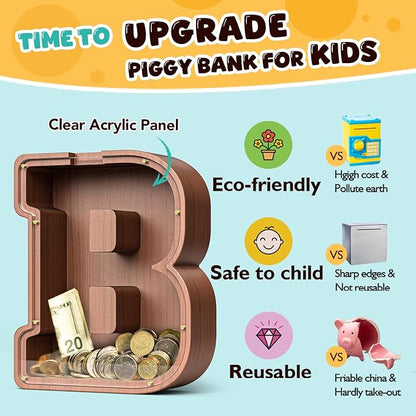 Summidate Wooden Letter Piggy Bank, Extra Thick Large Capacity Piggy Bank for Kids Boys Girls Toddler, Alphabet B Money Bank| Coin Box Birthday, Christmas, Festival