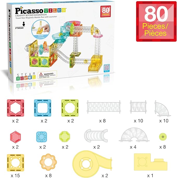 PicassoTiles Magnet Tile Building Block 80pc Marble Run Race Track Travel Size Pretend Play Toy With Launcher Lifter STEM Education Learning Magnetic Tiles Construction Kit School Boys Girls 3+ PTMG80