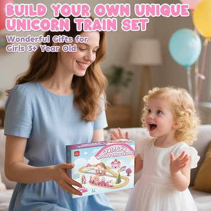 Lehoo Castle Wooden Train Set, Train Set for Toddlers 2-4, Wooden Train Track for Girls, Unicorn Toys for Girls Age 4-6, Toys for 3 4 5 6 Year Old Girl