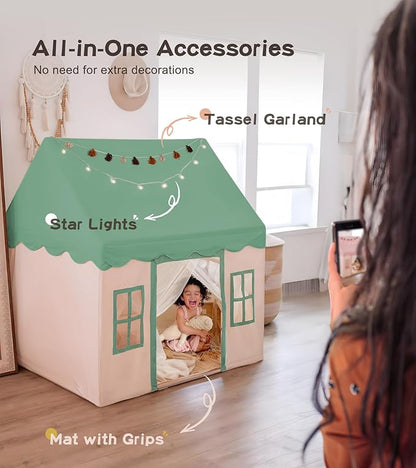Play Tent with Mat, Star Light Large Kids Playhouse with Windows Easy to Wash, Indoor and Outdoor Play Tents for Kids, Little Dove Toys for Girls, Boys, 47x40x52 (Green Playhouse, Large Size)