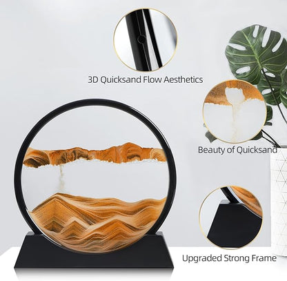 Moving Sand Art Liquid Motion, 3D Deep Sea Sandscape Color Quicksand Decor, Round Glass Moving Sand Art Picture Relaxing Desktop Home Office Work Decor (Orange, 12 inch)