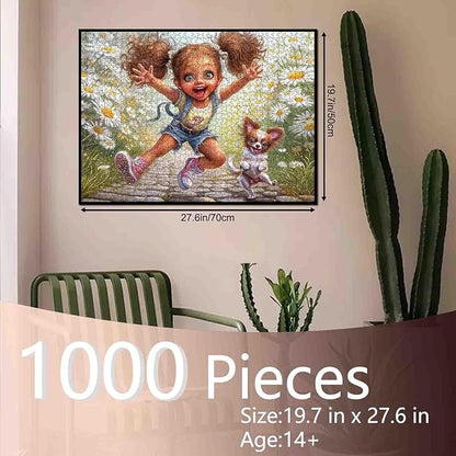 Tucocoo Cute Cartoon Girl Puzzle for Adults 1000 Piece, Puppy Running in Daisy Field, Whimsical Fantasy Art Jigsaw, Fun and Challenging Puzzles Gift for Women and Puzzle Enthusiasts, Home Wall Decor