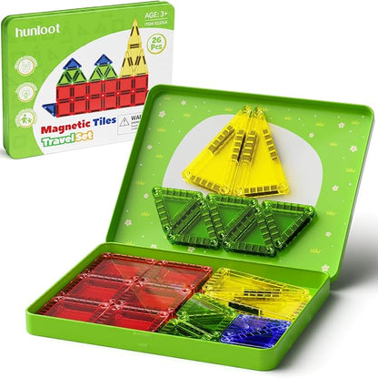Mini Magnetic Tiles - 26PCS Travel Magnetic Building Set with Storage Iron Box，STEM Educational Toys for Kids Ages 3+ ，Portable Construction Toys for Toddlers, Boys & Girls