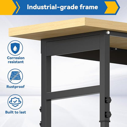 48'' Adjustable Workbench, Solid Wood Work Bench Table, Metal Tool Bench Work Bench with Power Outlet, Heavy Duty Large Load Capacity Garage Workbench Workshop Table for Workshop,Office,Home