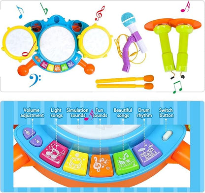 POKONBOY Kids Drum Set for Toddler 1-3, Musical Instruments Learning Toys with 2 Drum Sticks Adjustable Microphone Birthday for Boys Girls 6 12 18 Month (Yellow)