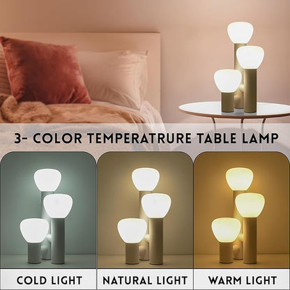 Modern 3-Light Table Lamp, White Metal Base, White Mushroom Shaped Glass Globes, 3 Color Temperatures, 16.5 inches Height,Portable Desk Lamp for Bedroom Living Room