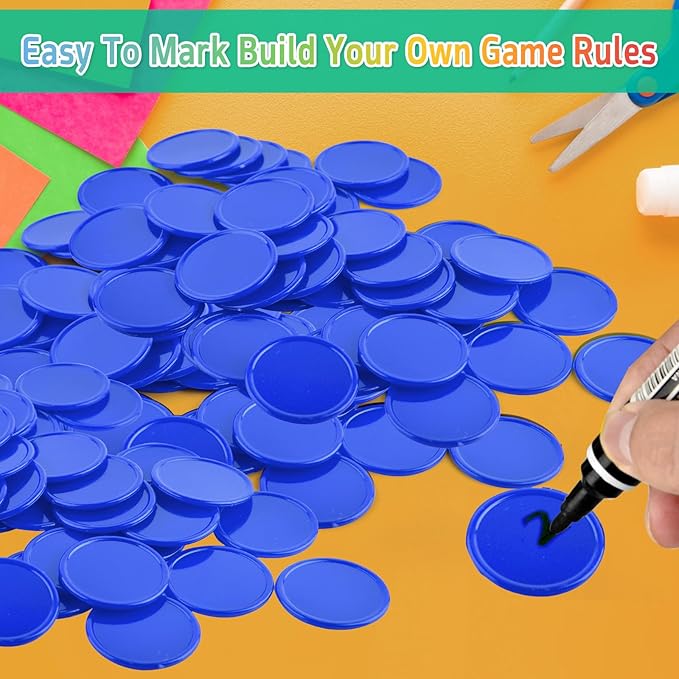 Coopay 500 Pieces Plastic Learning Counters Disks Bingo Chip Counting Discs Markers for Math Practice and Poker Chips Game Tokens Kids Reward, 1 Inch (Blue)