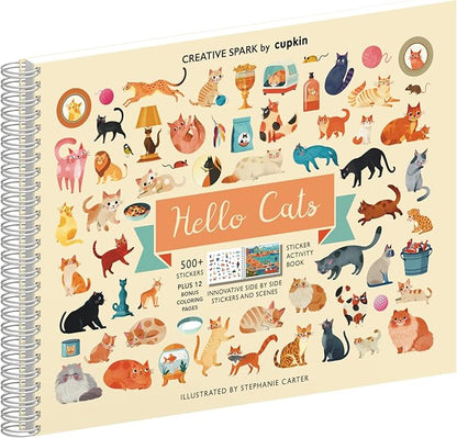 Cupkin Hello Cats Sticker Book Activity for Kids, Toddler Airplane Travel Essentials, 500+ Stickers for Kids 12 Scenes + Coloring Book Pages, Cat Gift Girls and Boys, Children's Crafts Ages 2-8