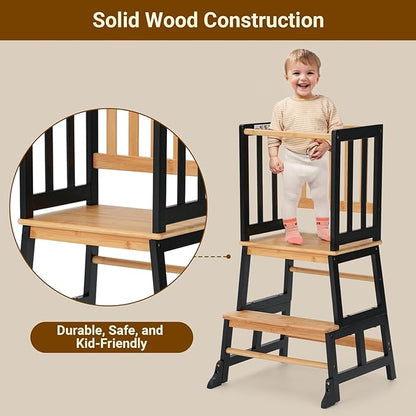 COSYLAND Kids Kitchen Step Stool Helper - Wooden Standing Tower for Kids with Anti-Tip Support Legs - Mothers' Helper Kids Learning Stool for Kitchen Counter (Black & Natural)