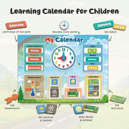 inamio Magnetic Kids Calendar for Learning - Classroom, Preschool Calendar for Kids and Toddlers - Days of The Week Chart - Today, Months and Weather