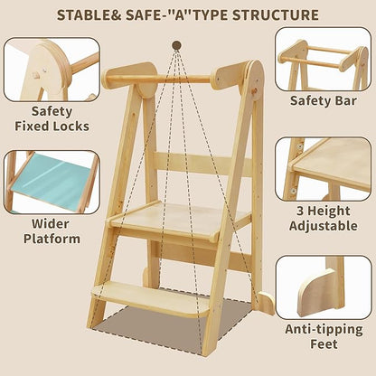 Foldable Toddler Tower Preassembled Kitchen Stool, Folding Tower for Learning with 3 Adjustable Heights Montessori Toddler Standing Tower Collapsible Step Stool for Kids 1.5-6y Natural