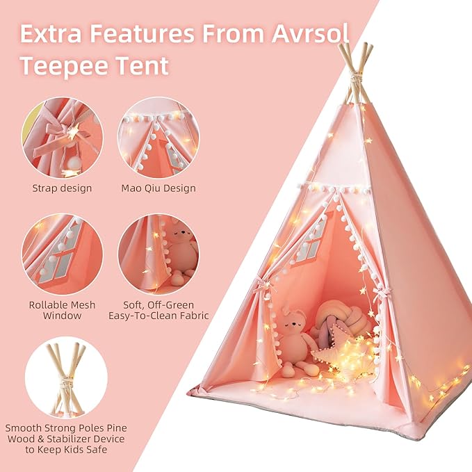Teepee Tent for Kids with Mat, Star Lights, Carry Case, Cotton Canvas Playhouse, Foldable Tents, Portable Children Play Tent Indoor Outdoor (Pink)