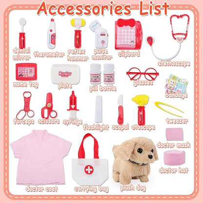 TEUVO Toy Doctor Kit for Girls - Pretend Play Doctor Sets with Dog Toy, Carrying Bag, Stethoscope Toy & Dress Up Costume - Doctor Play Gifts for Kids Toddlers Ages 1 2 3 4 5 6 7 Year Old for Role Play
