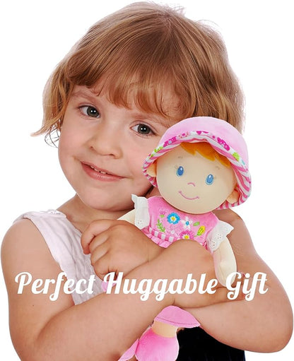 June Garden 12" Soft Dolly Emilia - Stuffed Soft Baby Doll Gift for 1 2 3 Year Old Girls - Pink Dress