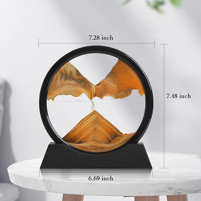 Moving Sand Art Liquid Motion, 3D Deep Sea Sandscape Color Quicksand Decor, Round Glass Moving Sand Art Picture Relaxing Desktop Home Office Work Decor (Orange, 7 inch)