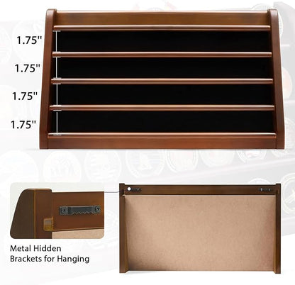 5 Rows Challenge Coin Holder Display Stand Holds 50 Coins for Wall Mount or Tabletop, Solid Wood Military Coin Rack Display Case for Collectibles, Walnut