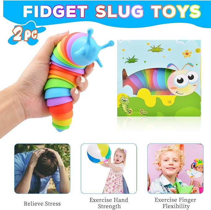 Cevioce Fidget Slug Toy, Sensory Slug Fidget Toy for Kids & Adults, 2 PCS Cute 3D Articulated Sensory Toys - Can Be Spliced, Safe｜Exercise Wrist Strength & Stress Relief, Great Gift for ADHD Autism A
