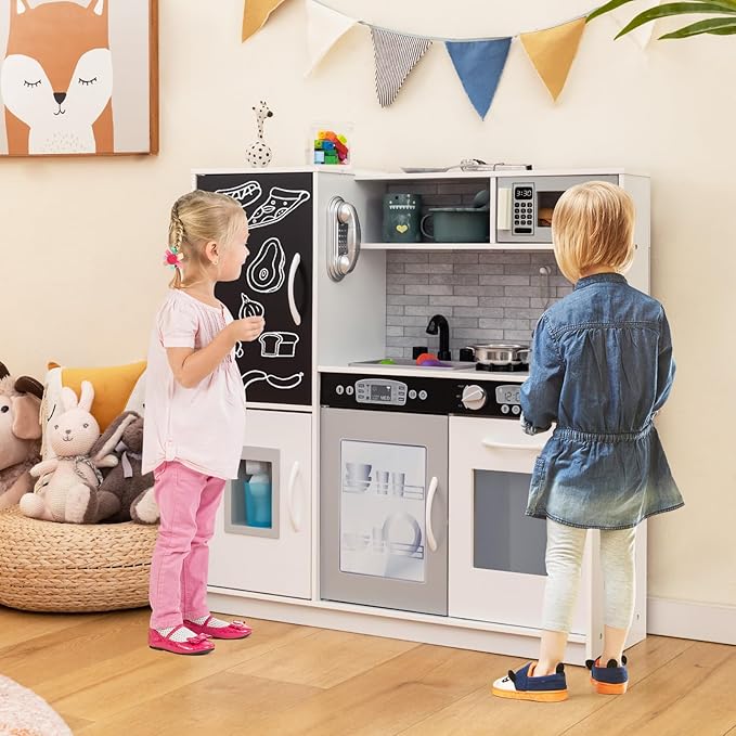 Costzon Kids Kitchen Playset, Wooden Pretend Cooking Toy Set w/Realistic Sound, Large Blackboard, Telephone, Microwave, Ice Maker, Dishwasher, Oven, Storage Space, Play Kitchen for Kids Ages 3+ (Grey)