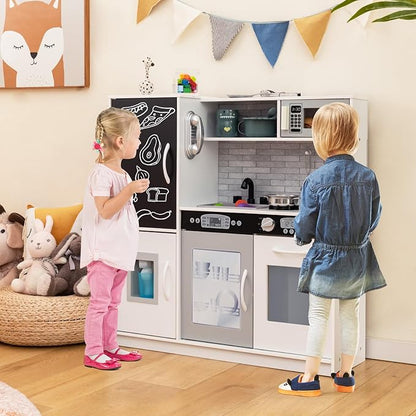 Costzon Kids Kitchen Playset, Wooden Pretend Cooking Toy Set w/Realistic Sound, Large Blackboard, Telephone, Microwave, Ice Maker, Dishwasher, Oven, Storage Space, Play Kitchen for Kids Ages 3+ (Grey)