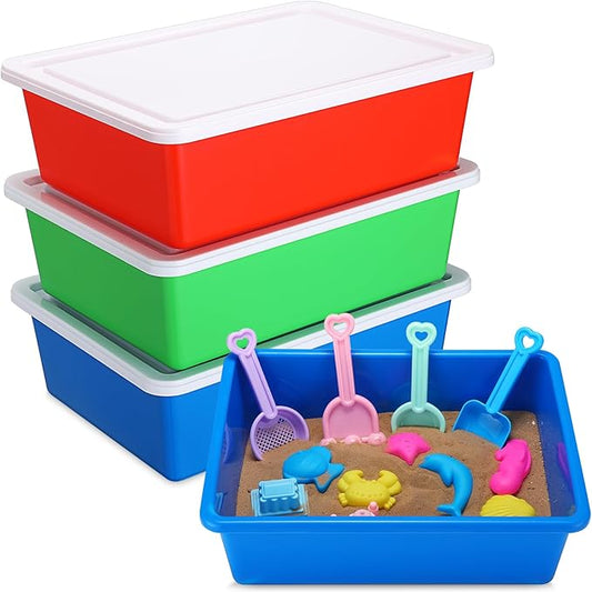 3 Pcs Portable Sand Tray with Lid 15.5 x 11.6 x 5 Inch Small Plastic Sand Box Stackable Sensory Bin Indoor Outdoor Water Play Gifts for Girls Boys School Home(Red, Blue, Green)