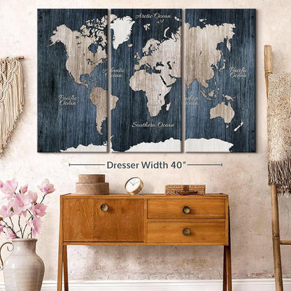 ElephantStock Aged Blue World Map I Canvas - 3 Panel Wall Decor - World Map Digital Art - Blue Wall Art - 57" X 36"