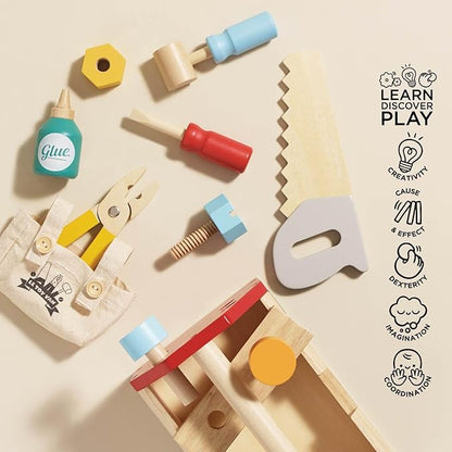 Le Toy Van - Cars & Construction Educational Wooden Tool Box Play Set for Role Play | Boys Pretend Play Wooden Tools - Suitable for 3 Year Olds and Older, Tool Box 12 Piece Set