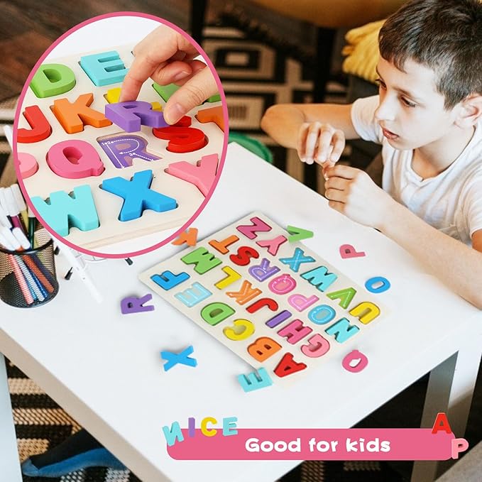 Amor Present Preschool Learning Toys,ABC Wooden Alphabet Puzzle Board for Toddlers, Educational Montessori Letters Game