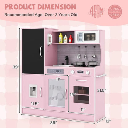 HONEY JOY Upgrade 39 in Kids Kitchen Playset, Large Wooden Little Chef Pretend Toy Kitchen Set w/Chalkboard, Telephone, Utensils, Oven, Microwave, Sink, Storage, Play Kitchen for Toddlers, Pink