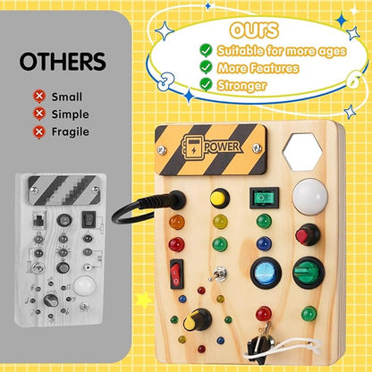 Montessori Busy Board Toys: Wooden Sensory Toy for Toddler with LED Light Up Switch, Educational/Christmas/Birthday Gifts for 1-3 Year Old Boys & Girls