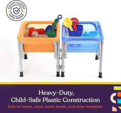 Special Supplies Sensory Activity Table for Kids and Toddlers -with Plastic Buckets and Beach Toys for Interactive Learning - Water, Sand, and STEM Play (Two Buckets - Orange + Blue)