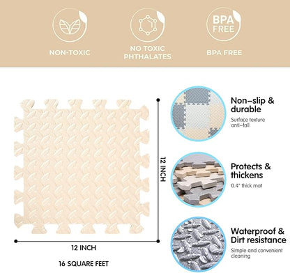 16 Tiles Foam Play Mat for Baby, Soft & Safe EVA Foam Mats for Floor, Square Interlocking Floor Mat, Solid Colored Kids Foam Puzzle Floor Mat, 47x47 Play Mat for Playpen(White/Beige/Gray)