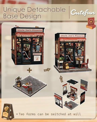 Cutefun Book Nook Kit - DIY Miniature Dollhouse Kit for Adults and Teens, Pizza Place Mini House Building Kit with LED Bookshelf Insert Decor Creative Gifts (Uncle Joe's Pizzeria)