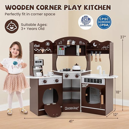 HONEY JOY Corner Play Kitchen, Toddler Wooden Toy Kitchen Set w/Lights, Coffee Maker, Microwave, Sink, Faucet, Little Chef Pretend Play Kids Kitchen Playset for Boys Girls (Coffee)
