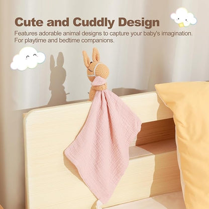 Hand-Knit Crochet Baby Animal Security Blanket | Organic Cotton Baby Shaker Rattle Toy & Comforter Lovey | Soft Sensory Stroller Toy for Newborns Infants 0-6-12 Months (Baby Pony Design)