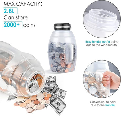 Large Digital Coin Bank for Kids and Adults - LCD Counter, 2.8L Capacity for US Coins (Silver)