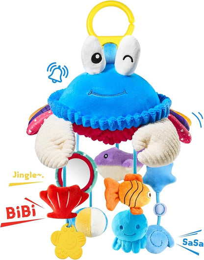 Car Seat Toys for Babies 0-6 Months, Hanging Baby Activity Toy for Stroller, Crib & Gym, Tummy Time Sensory Crab Plush Toys for Newborn, 0 3 6 9 12 M Clip-On Montessor Toy, Baby Boy Girl Gifts