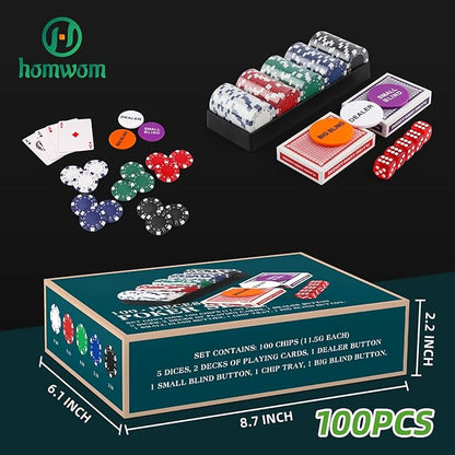 Poker Chip Travel Set, 100PCS 5 Color Professional Poker Chips in Cardboard Gift Box, 11.5 Gram Clay Composite Casino Poker Chips for Casino Card Games Texas Holdem Blackjack