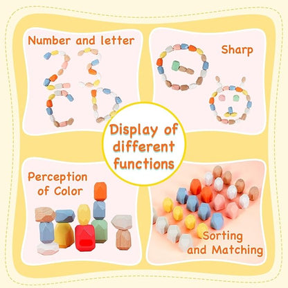 OPPA 36PCS Wooden Stacking Rocks, Montessori Sensory Toys for Toddlers, Building Rocks Stones Games,Stacking Stones for Kids Gifts