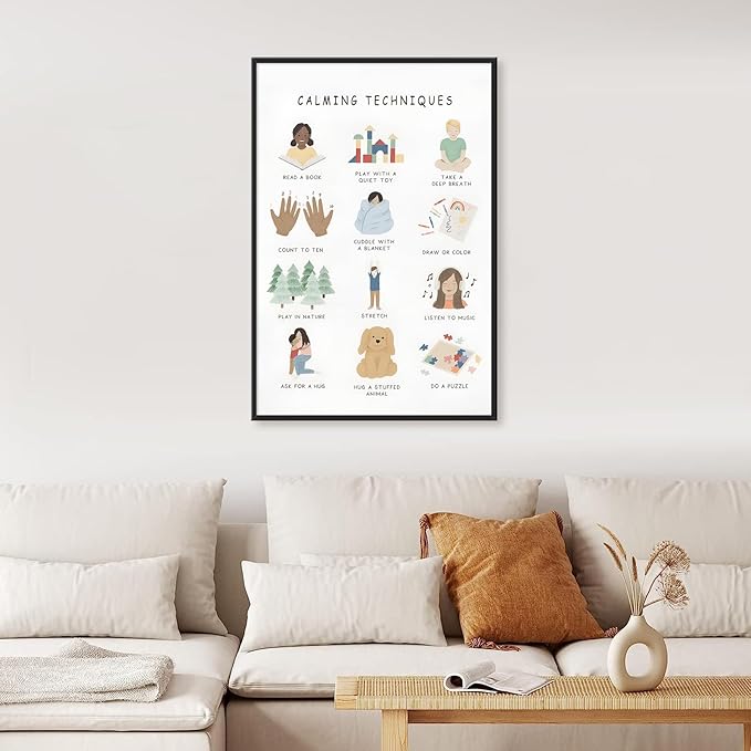 Feelings Calming Techniques Canvas Wall Art Calming Corner Classroom Mental health Posters Boho Emotions Chart for Kids Prints Special Education Wall Decor for Office School 24x36in BlackFramed
