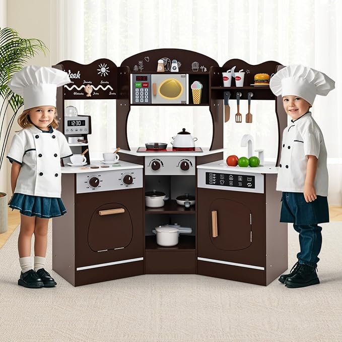 Costzon Corner Play Kitchen, Wooden Kids Kitchen Playset with Lights & Sound, Coffee Maker, Washing Machine, Oven, Microwave, Toddler Toy Kitchen for Pretend Play, Gift for Boys Girls 3+ (Brown)