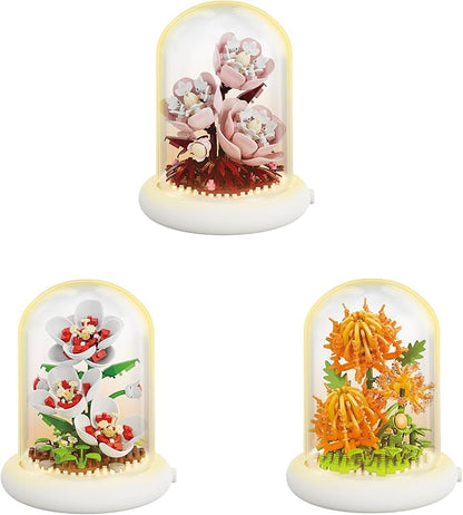 Creative Botanical Micro Blocks with Light Set - 550PCS Artificial Chrysanthemum, Peony and Hibiscus, Perfect DIY Gift for Adults, Teens and Flower Lovers