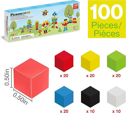 PicassoTiles 100pcs 0.5” Pixel Magnetic Puzzle Cube Mix & Match Cubes Sensory Toys STEAM Education Learning Building Block Magnets Children Construction Toy Set Stacking Magnet Creative Kit PMC100