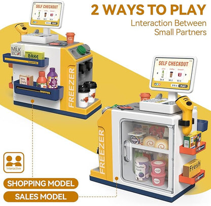 Cash Register Playset for Kids - 48PCS Pretend Play Money, Calculator, Scanner, Credit Card and Play Food for Boys and Girls Ages 3+ (668-125)